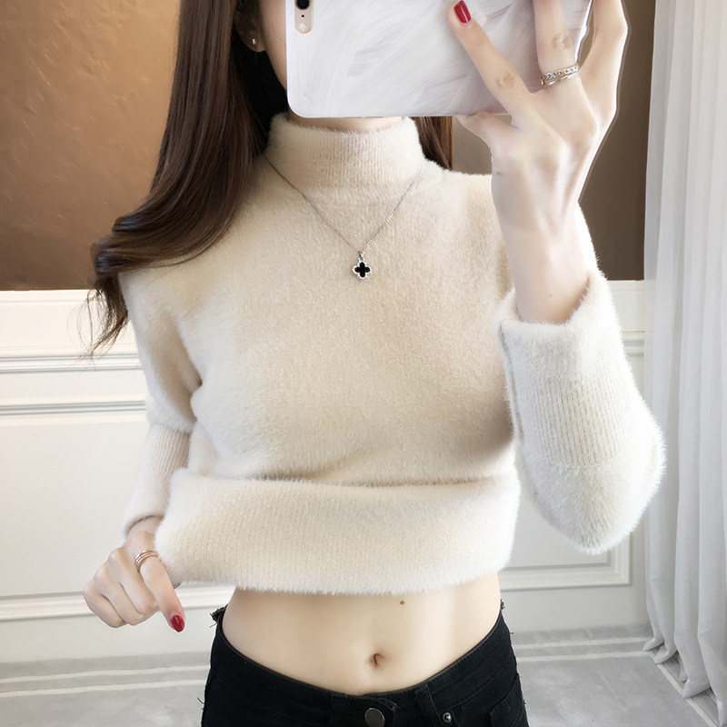 秋冬女士仿水貂绒毛衣女加绒打底衫套头针织衫半高领短款加厚上衣