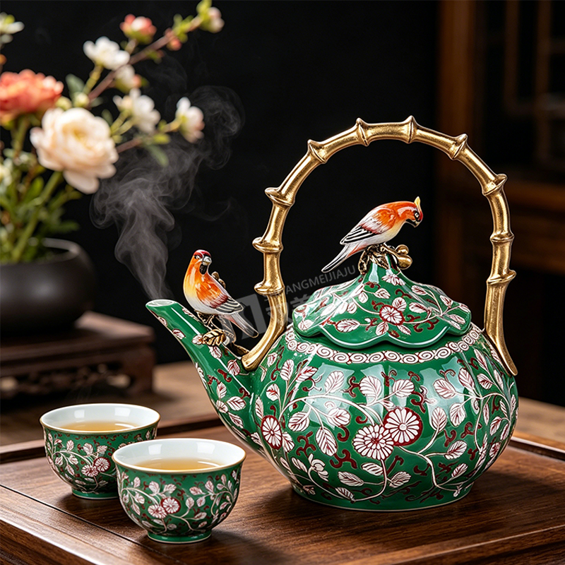 中式复古花鸟陶瓷提梁壶茶杯套装