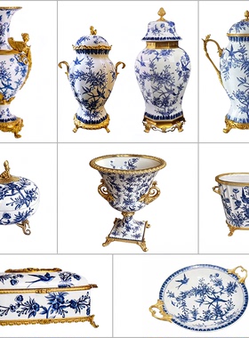 中式青花瓷陶瓷装饰摆件客厅书房古典花瓶收纳盒工艺品奢华装饰品