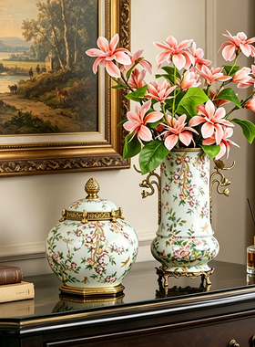 美式复古陶瓷花瓶装饰摆件原创手绘枝间新绿套装客厅书房花艺饰品