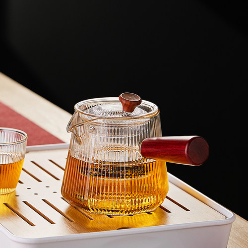 HYU中式耐热玻璃竖纹木把茶壶