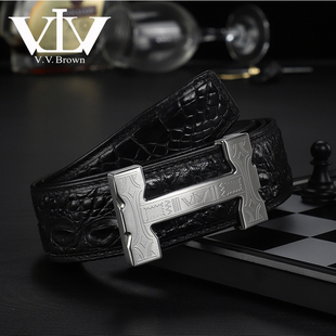 VVBrown意大利品牌正品鳄鱼皮腰带男平滑扣裤带高档h扣皮带男真皮