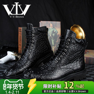 V.V.BROWN意大利专柜正品鳄鱼皮马丁靴高档商务加绒加厚真皮男鞋