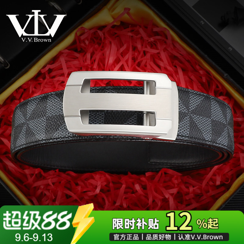 VVBrown新款皮带男真皮头层牛皮平滑扣中青年商务休闲印花腰带男