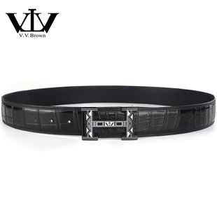 V.V.Brown原创真鳄鱼皮肚皮皮带男款轻奢平滑扣打孔腰带真皮裤带
