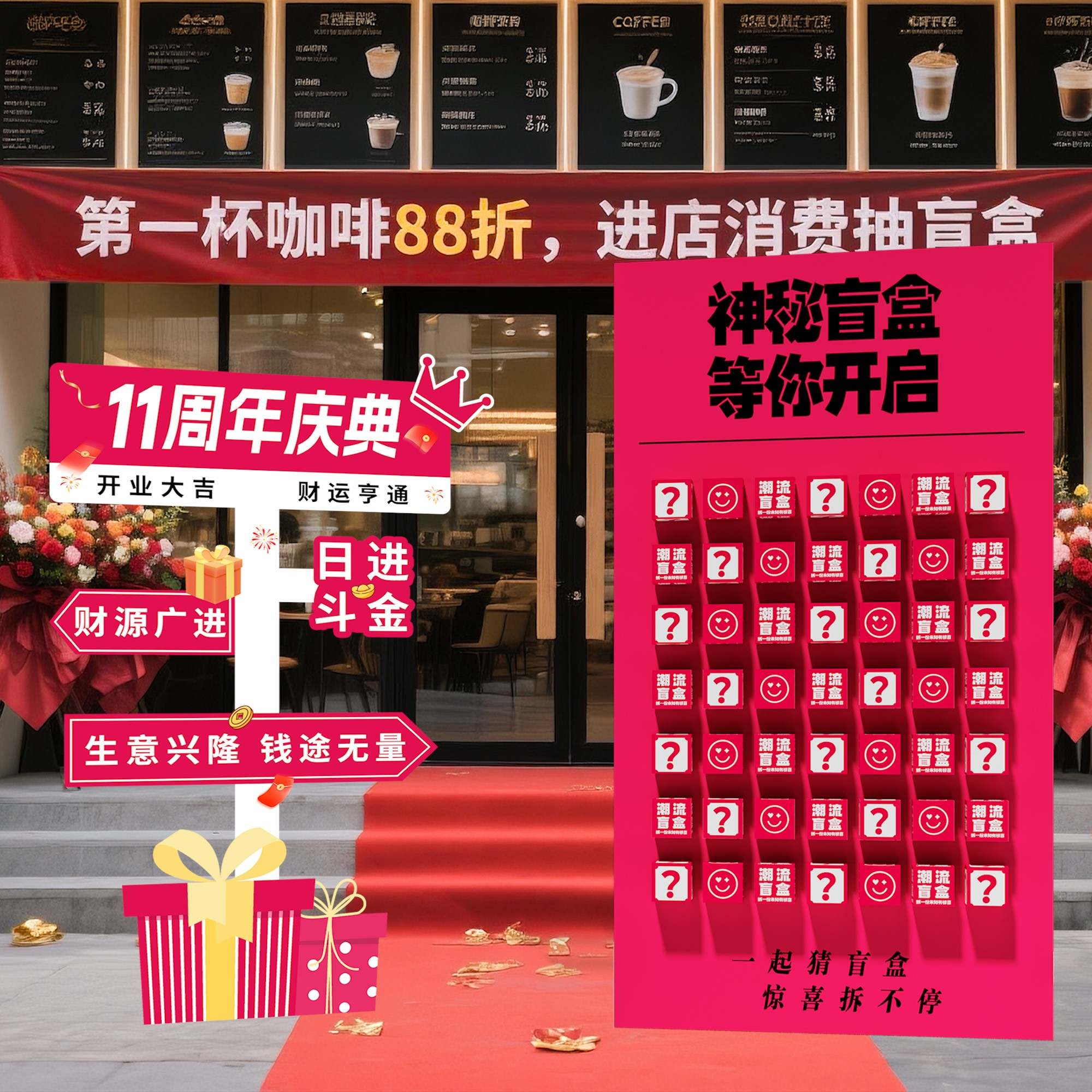 开业气氛布置门店装饰抽奖盲盒墙