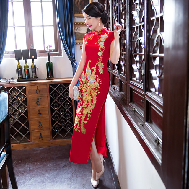 丝绸复古长款旗袍秋冬新款真丝新娘礼服连衣裙大码妈妈装走秀旗袍