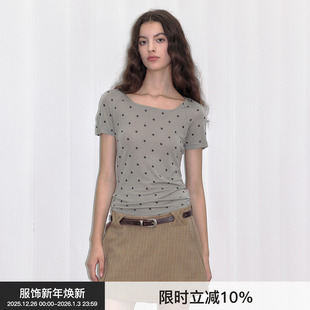 短袖 Berlinconch波点方领修身 T恤女露锁骨收腰上衣 波点印花