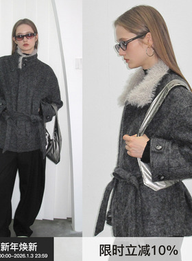 【翻领呢大衣】BiLLconch灰色毛领羊毛大衣外套宽松中长2025秋冬