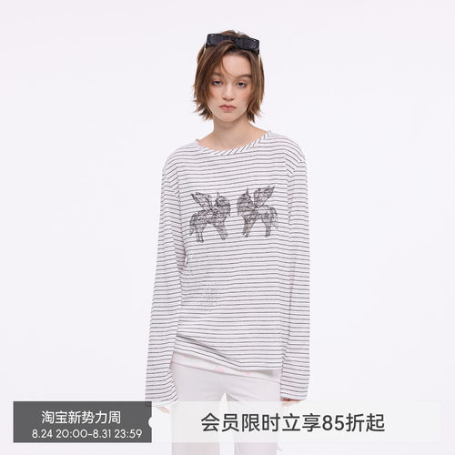 【烟花小马】BiLLconch烫钻条纹长袖t恤女小马印花薄款罩衫上衣