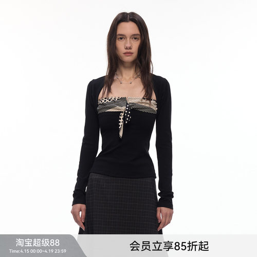 【叠影波点】BiLLconch波点拼接假两件上衣修身显瘦辣妹风长袖t恤