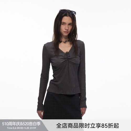 【雾染绑带】BiLLconch抽褶V领绑带长袖T恤女显瘦设计感打底衫