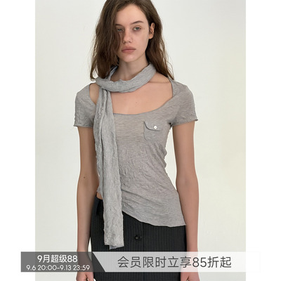 【肌理皱感】BiLLconch大U领修身T恤女褶皱肌理不规则短款上衣