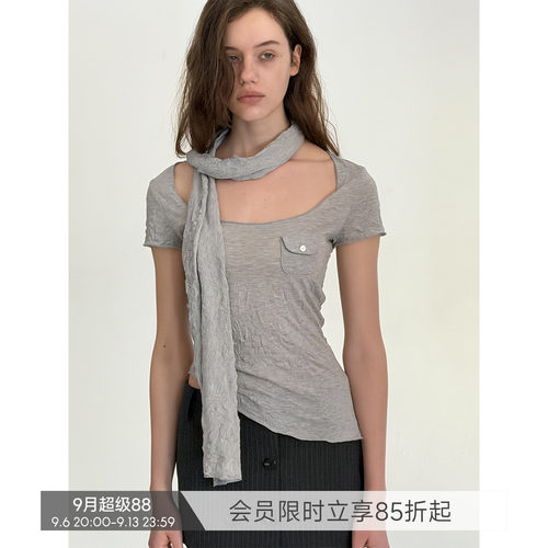 【肌理皱感】BiLLconch大U领修身T恤女褶皱肌理不规则短款上衣