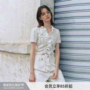 【未完成波浪】BiLLconch原创蕾丝抽皱荷叶飘带上衣浅色系短袖