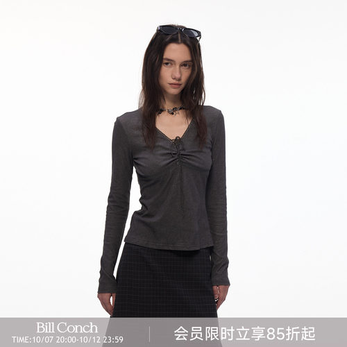 【雾染绑带】BiLLconch抽褶V领绑带长袖T恤女显瘦设计感打底衫