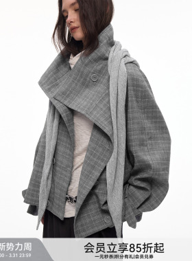【都市漫行家】BiLLconch高智感·灰色格纹翻领格子外套披肩风衣