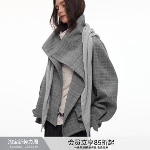 BiLLconch高智感·灰色格纹翻领格子外套披肩风衣 都市漫行家