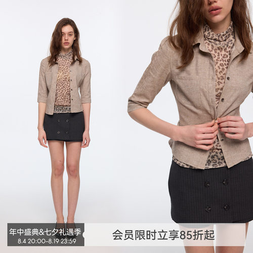 【杂纱亚麻】BiLLconch杂纱亚麻七分袖衬衫复古卡其色修身上衣女