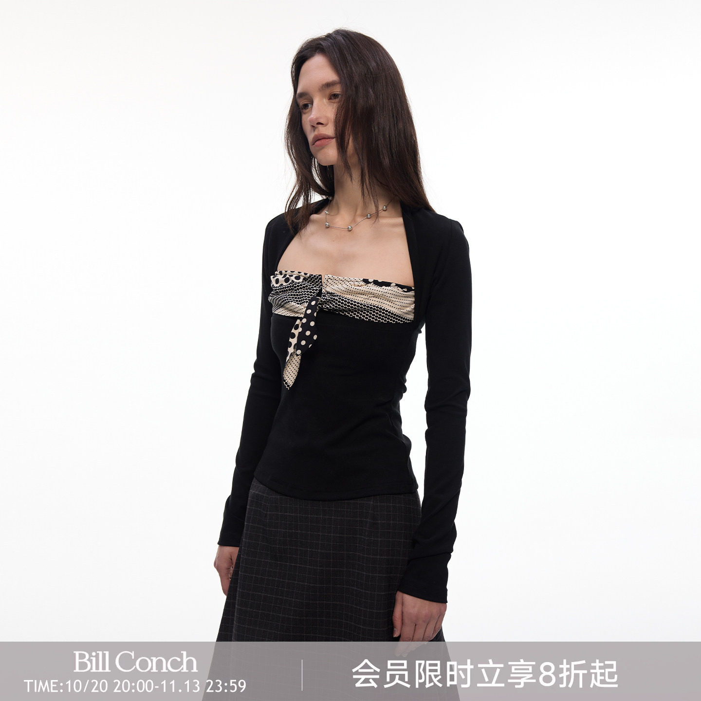 【叠影波点】BiLLconch黑白撞色长袖t恤波点拼接假两件长袖上衣女