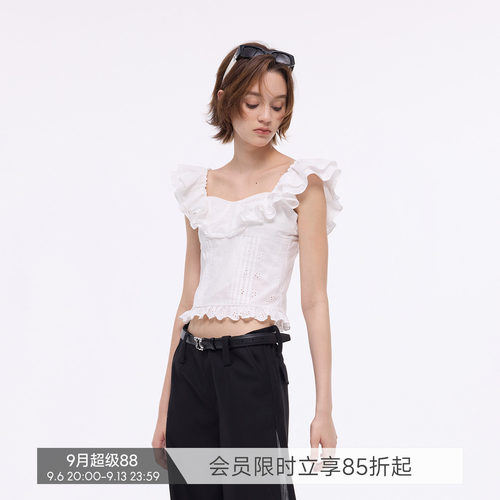 BiLLconch·巴黎旧事 辣妹吊带荷叶边衬衫100棉两穿修身上衣