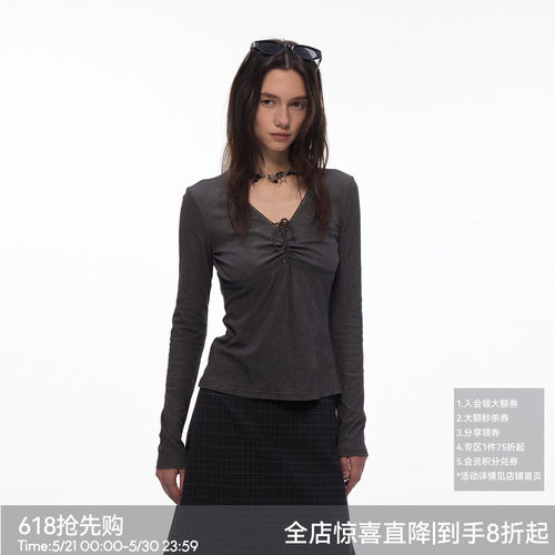 【雾染绑带】BiLLconch抽褶V领绑带长袖T恤女显瘦设计感打底衫