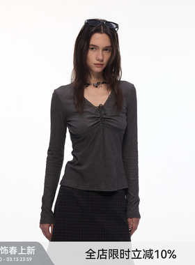 【雾染绑带】BiLLconch抽褶V领绑带长袖T恤女显瘦设计感打底衫
