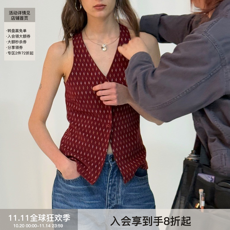 BiLLconch复古花形V领马甲背心