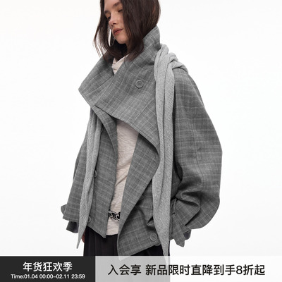 【都市漫行家】BiLLconch灰色格纹翻领廓形外套小众设计披肩风衣