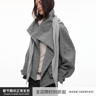 【都市漫行家】BiLLconch灰色格纹翻领廓形外套小众设计披肩风衣