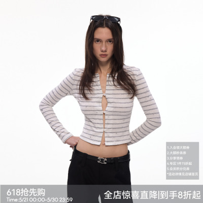 【闪闪星】BiLLconch灰白条纹星星短款上衣露脐辣妹风针织开衫女