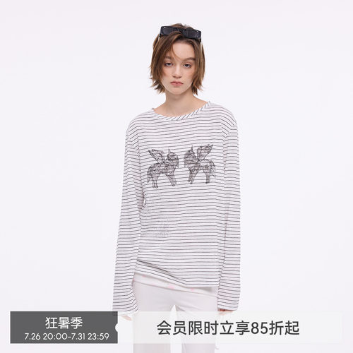 【烟花小马】BiLLconch烫钻条纹长袖t恤女小马印花薄款罩衫上衣