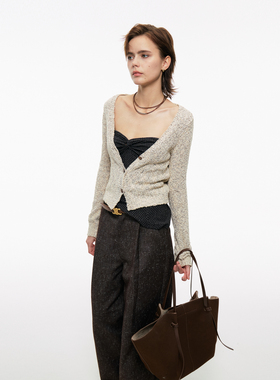 【V领开衫】BiLLconch花纱V领针织开衫奶杏色基础百搭短款上衣