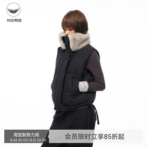 【暖绒格调】BiLLconch羊毛格子羽绒马甲90白鸭绒坎肩毛领外套女