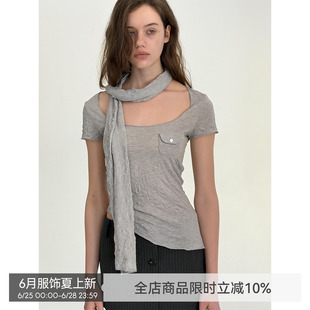 【肌理皱感】BiLLconch大U领修身T恤女褶皱肌理不规则短款上衣
