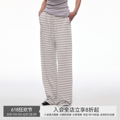 【闪闪星】BiLLconch灰白条纹休闲阔腿裤女松紧腰垂感拖地长裤