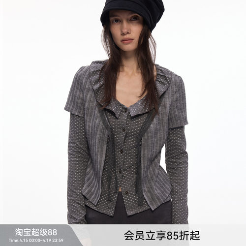 【层叠圆舞曲】BiLLconch波点荷叶拼接扎染上衣修身假两件开衫女