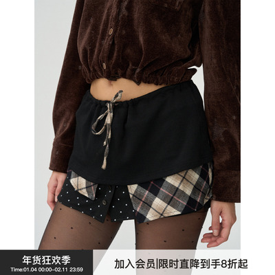 【层次剪裁】BiLLconch多材质拼接不规则下摆半身裙抽绳腰头短裙