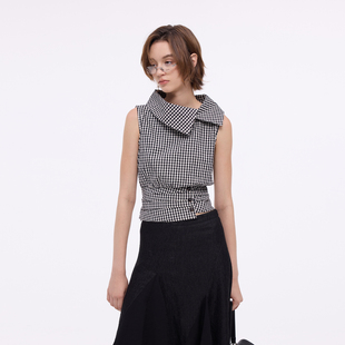 优先发货 BiLLconch格子复古修身 显瘦打褶斜领上衣 收藏加购