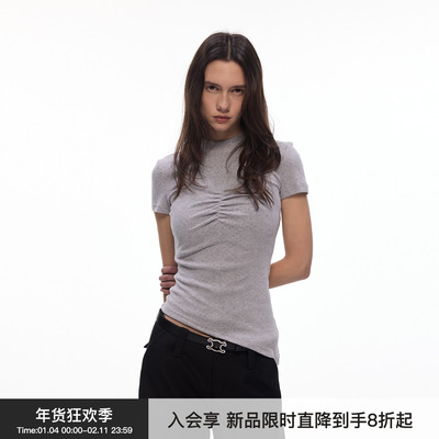 【女神轮廓】BiLLconch半高领胸部抽褶短袖T恤女100%棉修身上衣