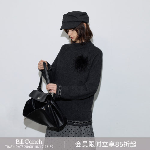 【织带与翎】BiLLconch黑色半高领早秋针织毛衣重工粗针肌理上衣