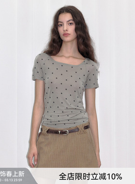 【波点印花】Berlinconch波点方领修身短袖T恤女露锁骨收腰上衣