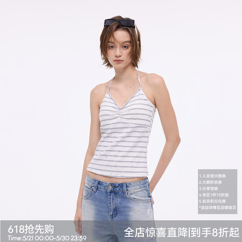 【闪闪星】BiLLconch灰白条纹挂脖吊带v领修身显瘦外穿背心女夏