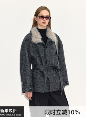 【翻领大衣】BiLLconch灰色毛领羊毛大衣外套复古百搭原创巴恩风