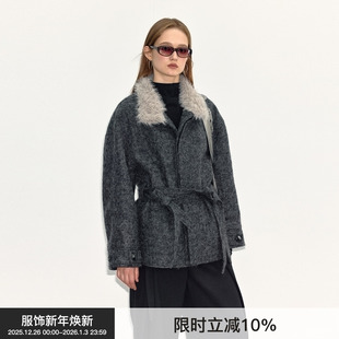 BiLLconch灰色毛领羊毛大衣外套复古百搭原创巴恩风 翻领大衣