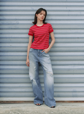 【经纬勋章】BiLLconch原创正肩红白条纹徽章刺绣短t恤显瘦上衣