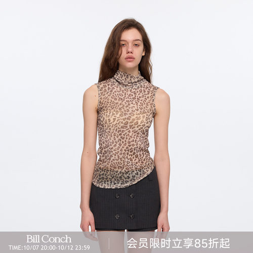 【薄雾猎手】BiLLconch复古豹纹半高领无袖背心网纱打底辣妹上衣