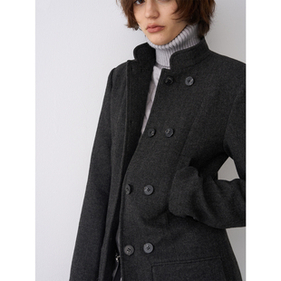 BiLLconch黑色经典 立领毛呢外套收腰显瘦西装 大衣女 赫本记忆