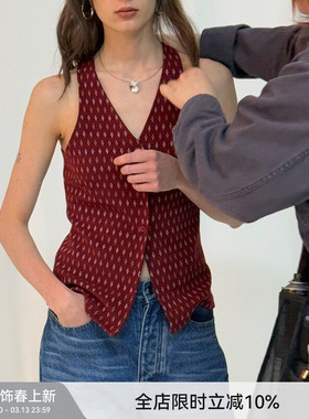 【复古马甲】BiLLconch复古花形V领马甲上衣红色独特设计小背心
