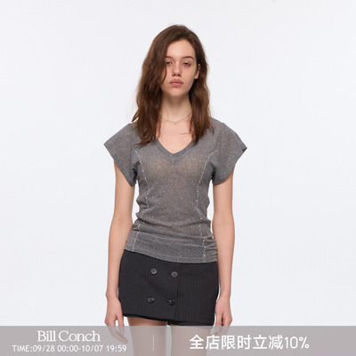 【钻石微光】BiLLconch设计感镶钻v领短袖t恤女拼接显瘦上衣夏季